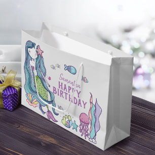 Purple Teal Mermaid Happy Birthday Personalised Large Gift Bag