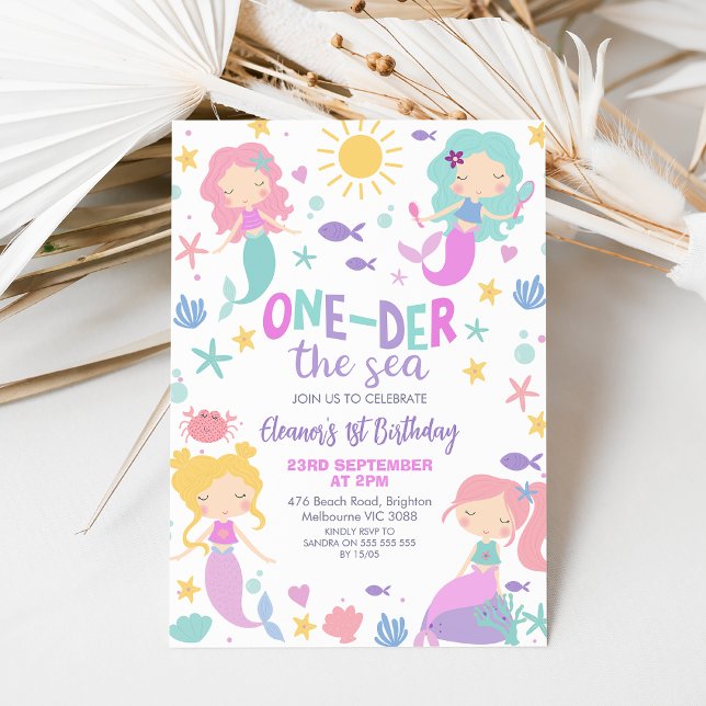 Purple Teal Mermaid Oneder The Sea 1st Birthday Invitation (Editable Oneder the Sea Mermaid Invitation, First 1st Mermaid Birthday Invitation, Little Mermaid)