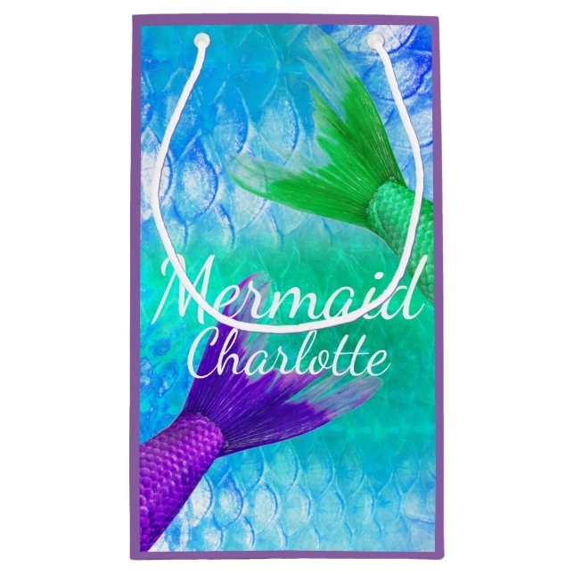 Purple & Teal Mermaid Tails and Scales First Name Small Gift Bag (Back)