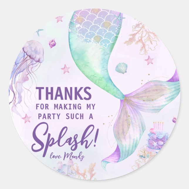 Purple Teal Mermaid Thank You Classic Round Sticker (Front)