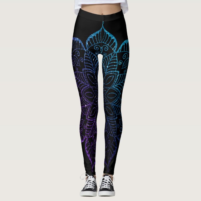 Purple & Teal Ombre Faux Glitter Mandala on Black Leggings (Front)