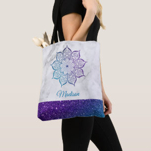 Purple & Teal Ombre Faux Glitter Mandala on Marble Tote Bag