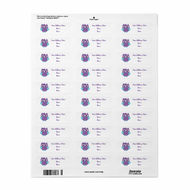 Purple Teal Owl Address Labels (Full Sheet)