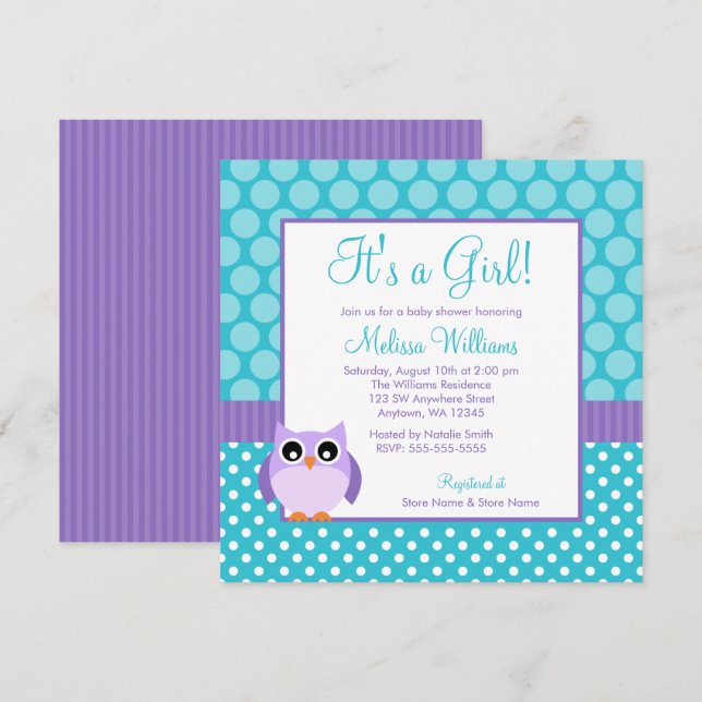 Purple Teal Owl Polka Dot Girl Baby Shower Invitation (Front/Back)