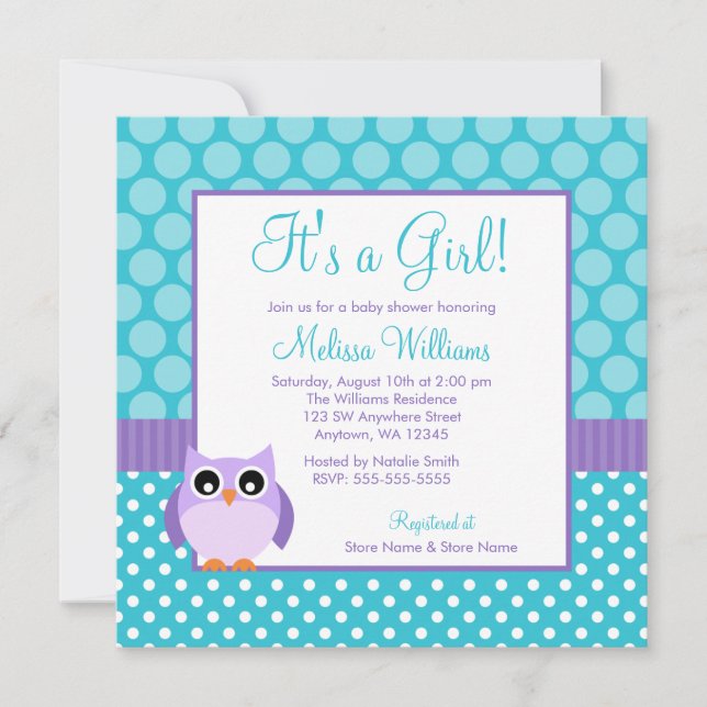 Purple Teal Owl Polka Dot Girl Baby Shower Invitation (Front)