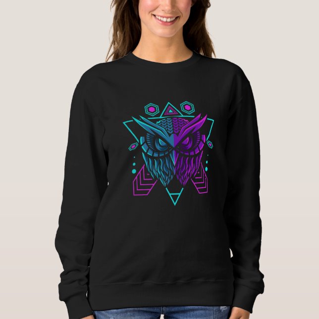 Purple Teal Owl With Triangle Geometric Synthwave  Sweatshirt (Front)