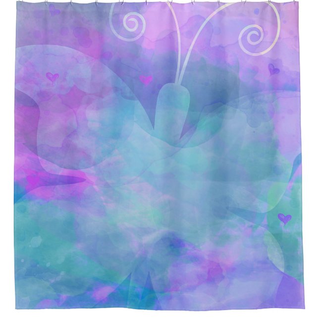 Purple Teal Pastel Watercolor Art Butterfly Shower Curtain (Front)
