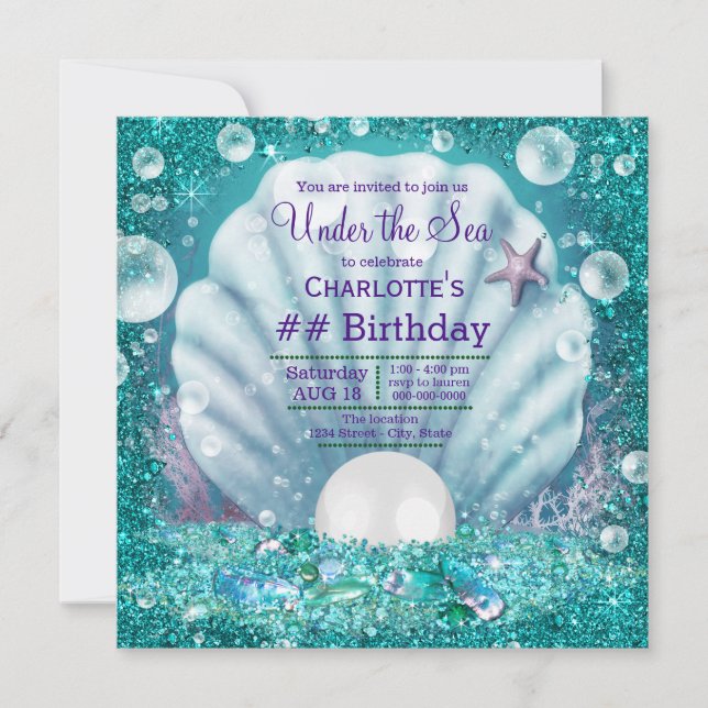 Purple Teal Pearl Under the Sea Birthday Party Invitation (Front)
