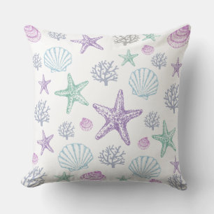 Purple Teal Seashell Starfish Coastal Shells Cushion