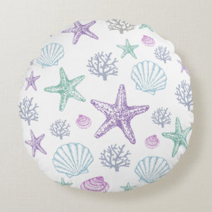 Purple Teal Seashell Starfish Coastal Shells Round Cushion