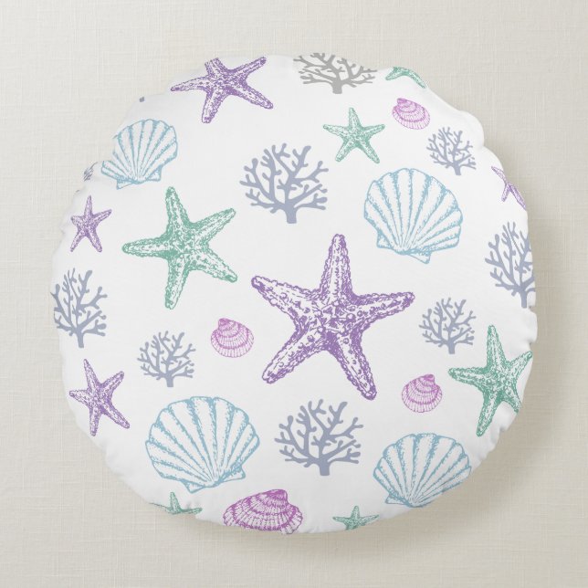 Purple Teal Seashell Starfish Coastal Shells Round Cushion (Front)