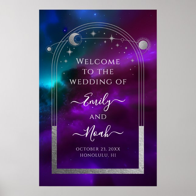 Purple Teal Silver Celestial Wedding Welcome Poster (Front)
