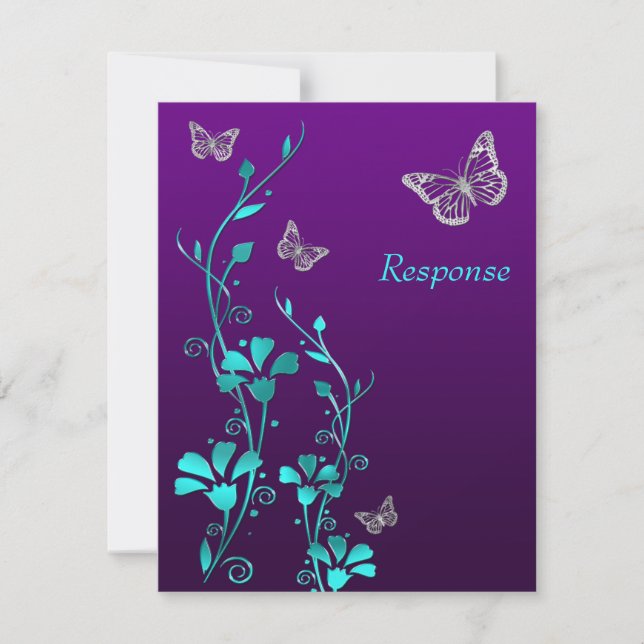 Purple Teal Silver Floral, Butterflies RSVP Card (Front)