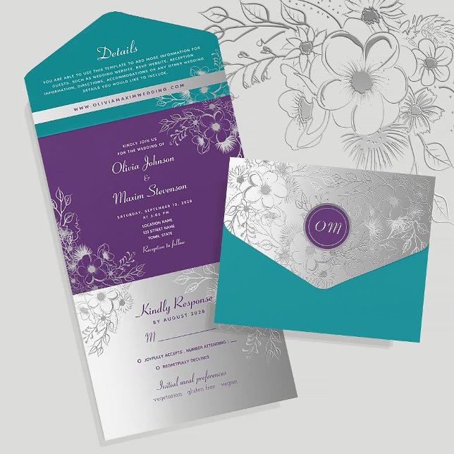 Purple Teal Silver Floral Wedding All In One Invitation (Creator Uploaded)