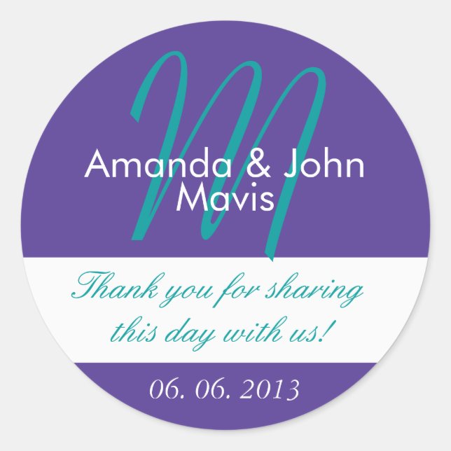 Purple Teal Simple Initial Wedding Favour Thank Yo Classic Round Sticker (Front)