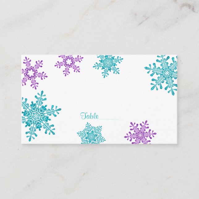 Purple Teal Snowflake Winter Wedding Place Cards (Front)