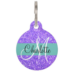 Purple teal sparkling glitter monogrammed     pet tag