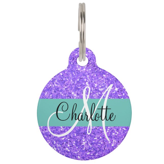 Purple teal sparkling glitter monogrammed     pet tag (Front)