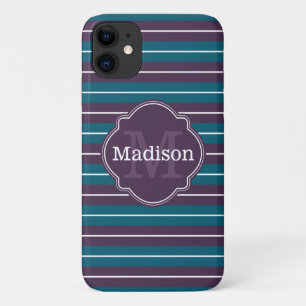 Purple Teal Stripe Pattern Monogram Name Case-Mate iPhone Case