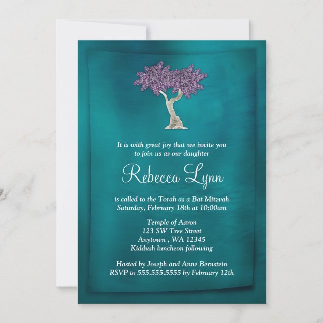 Purple Teal Tree of Life Bat Mitzvah Invitations (Front)