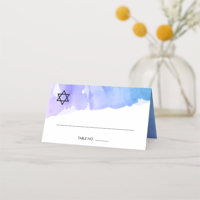 Purple Teal Watercolor Bat Mitzvah Folded Place Card (Front)