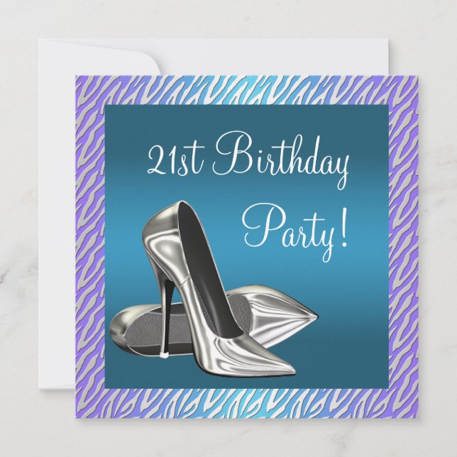 Purple Teal Zebra High Heels Womans 21st Birthday Invitation (Front)