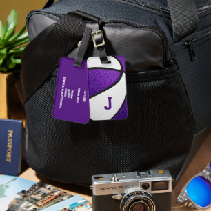 purple team colours monogrammed basketball luggage tag
