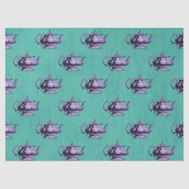 Purple Teapots on Teal Decoupage Tissue Paper (Front)