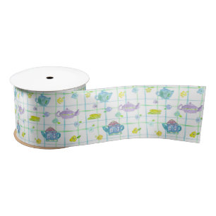 Purple Teapots Watercolor Flowers Satin Ribbon