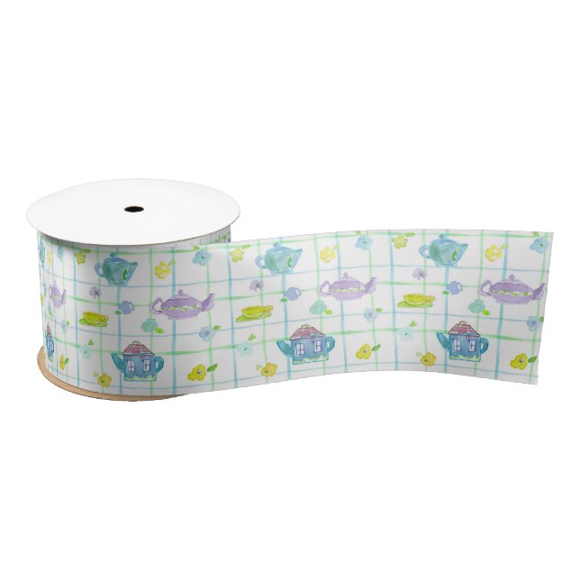 Purple Teapots Watercolor Flowers Satin Ribbon (Spool)