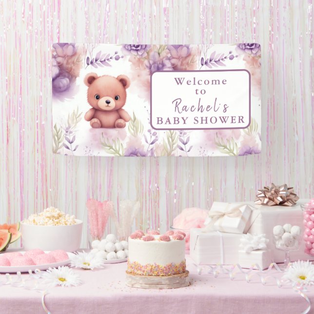 Purple Teddy Bear and Flowers - Baby Shower Banner (Party)