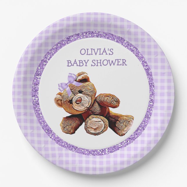 PURPLE Teddy Bear Baby Shower Paper Plates (Front)