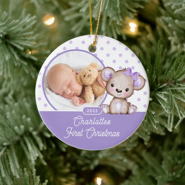 Purple Teddy Bear Baby's First Christmas Photo Ceramic Tree Decoration (Tree)