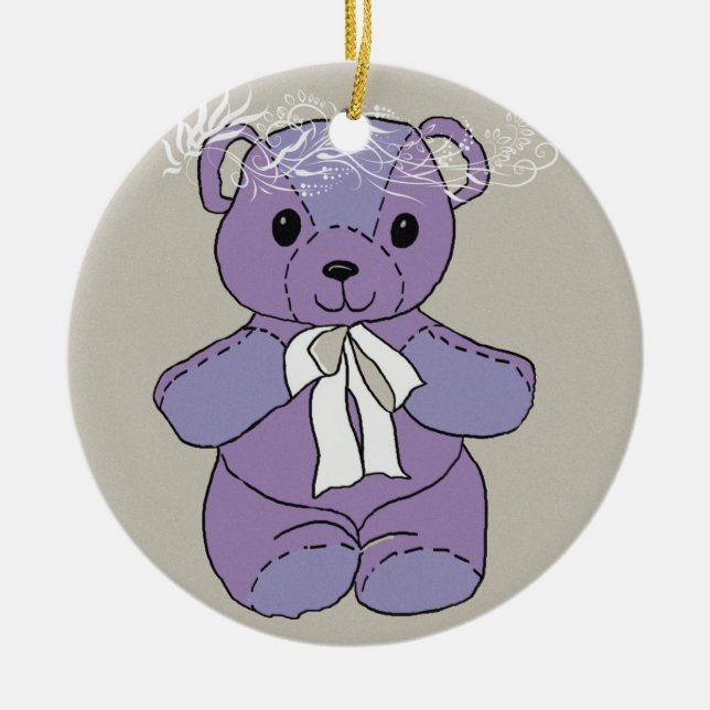 PURPLE TEDDY BEAR CERAMIC TREE DECORATION (Front)