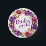 Purple Text and Summer Floral Wreath Bridesmaid 3 Cm Round Badge<br><div class="desc">Bridesmaid is written in the centre of a beautiful spring floral wreath. While purple flowers certainly take centre stage, there are many more colours in this colourful floral display. There are red and pink flowers and assorted berries and greenery. The result is a lush but light and airy design. Include...</div>