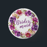 Purple Text and Summer Floral Wreath Bridesmaid 3 Cm Round Badge<br><div class="desc">Bridesmaid is written in the centre of a beautiful spring floral wreath. While purple flowers certainly take centre stage, there are many more colours in this colourful floral display. There are red and pink flowers and assorted berries and greenery. The result is a lush but light and airy design. Include...</div>