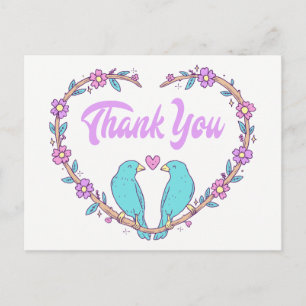 Purple Thank You Floral Heart Lovebirds Turquoise Postcard