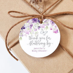 Purple thank you for fluttering by classic round favour tags