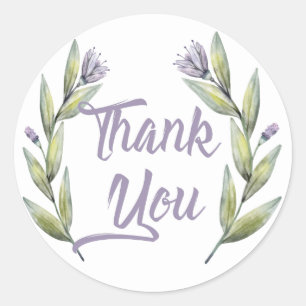 Purple Thank You Green Laurel Leaves & Flowers Classic Round Sticker