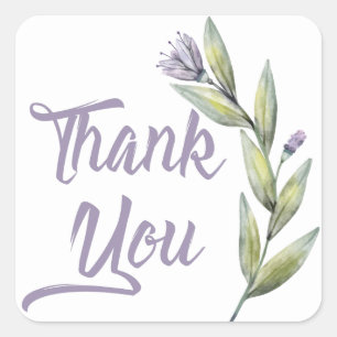 Purple Thank You Green Laurel Leaves & Flowers Square Sticker