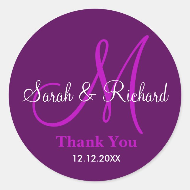 Purple Thank You Wedding Monogram Sticker (Front)