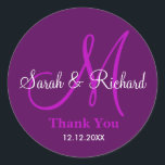 Purple Thank You Wedding Monogram Sticker<br><div class="desc">Initial Stickers with bride and groom name, date of wedding and a thank you message to express your gratitude on your wedding day or any special occasion. .This monogram wedding sticker is in purple colour .More colours are available for your choice . You can also customise the colour and font...</div>