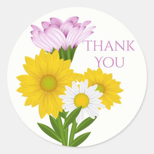 Purple Thank You Yellow Sunflower Daisy Flowers Classic Round Sticker (Front)