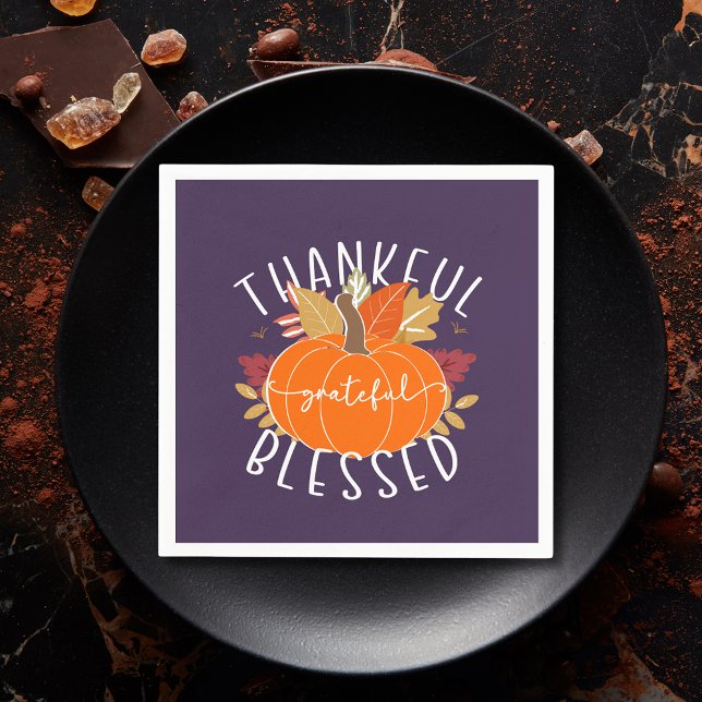 Purple Thankful Grateful Blessed Thanksgiving Fall Napkin (Creator Uploaded)