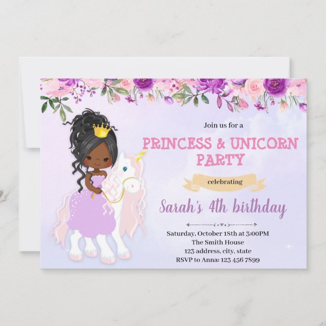 Purple theme princess unicorn invitation (Front)