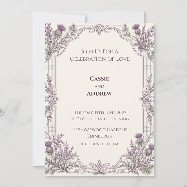 Purple Thistle Heather Celtic Tartan Wedding Invitation (Front)