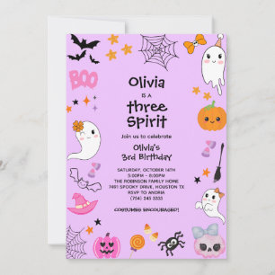 Purple Three Spirit Ghost Halloween 3rd Birthday Invitation