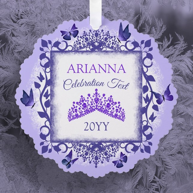 Purple Tiara & Butterflies Congratulations Paper Tree Decoration Card (purple tiara and butterflies christmas tree ornament with custom message personalized paper ornament)
