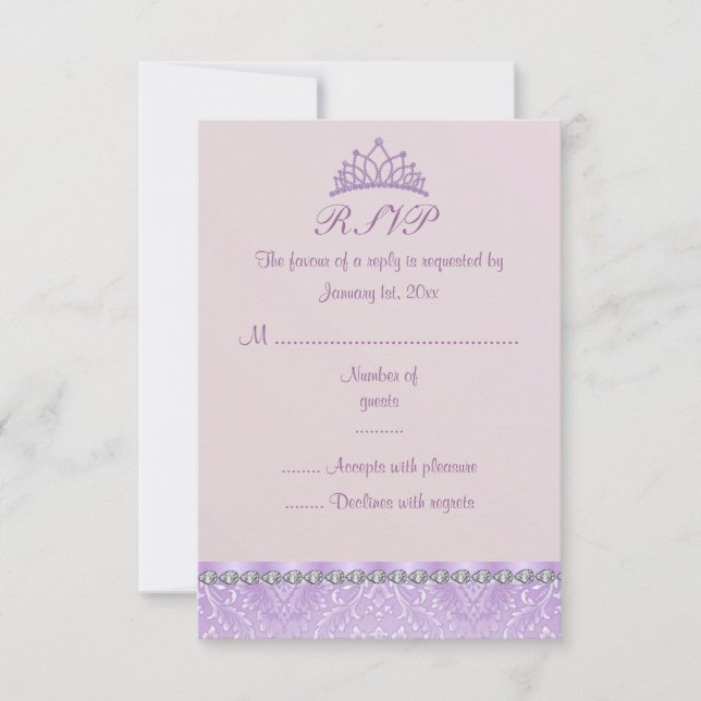 Purple Tiara & Damask Sweet16 RSVP Card (Front)