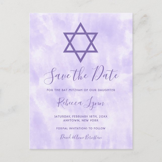 Purple Tie Dye Bat Mitzvah Save the Date Announcement Postcard (Front)